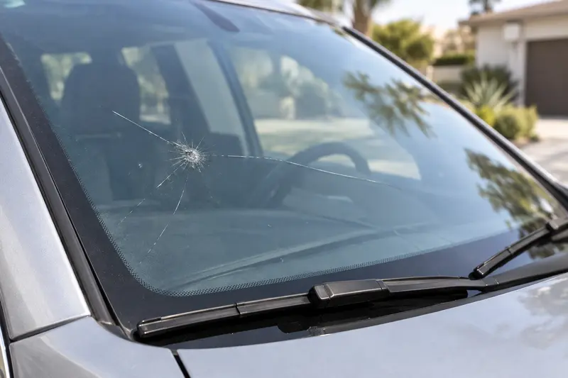 Illustrative close-up of a windshield with a stone impact and branching cracks